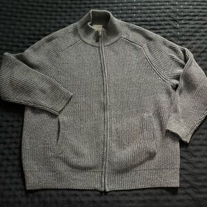 L.L Bean Mens XL Full Zip Ribbed Cardigan Sweater Gray Mock Neck Pockets cotton